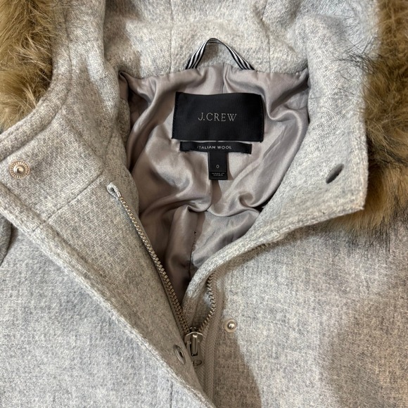 J.Crew Chateau Parka Italian Stadium-Cloth Wool Grey Faux Fur Hood Coat Size 0 - Picture 9 of 11
